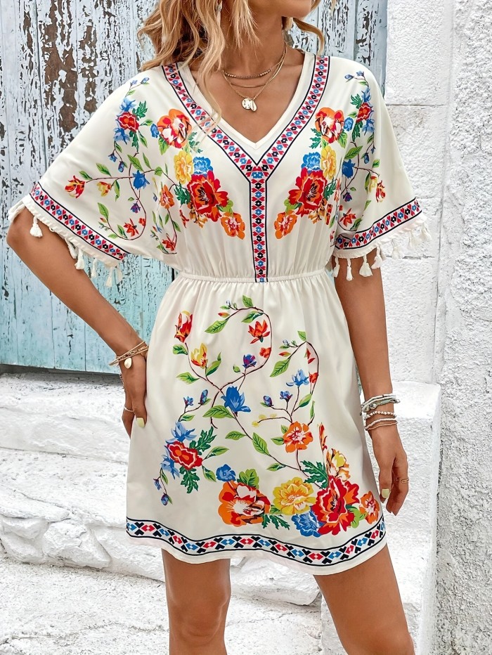 Elegant Short Sleeve V Neck Dress - Tassel Floral Print Dress for Spring & Summer, Women's Clothing