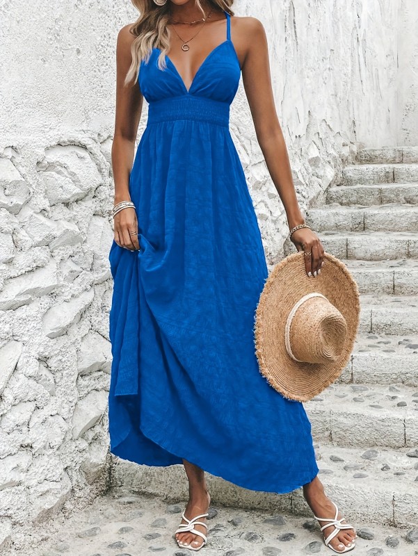 Texture Crisscross Backless V Neck A-line Dress, Elegant Sleeveless Cami Dress For Spring & Summer, Women's Clothing