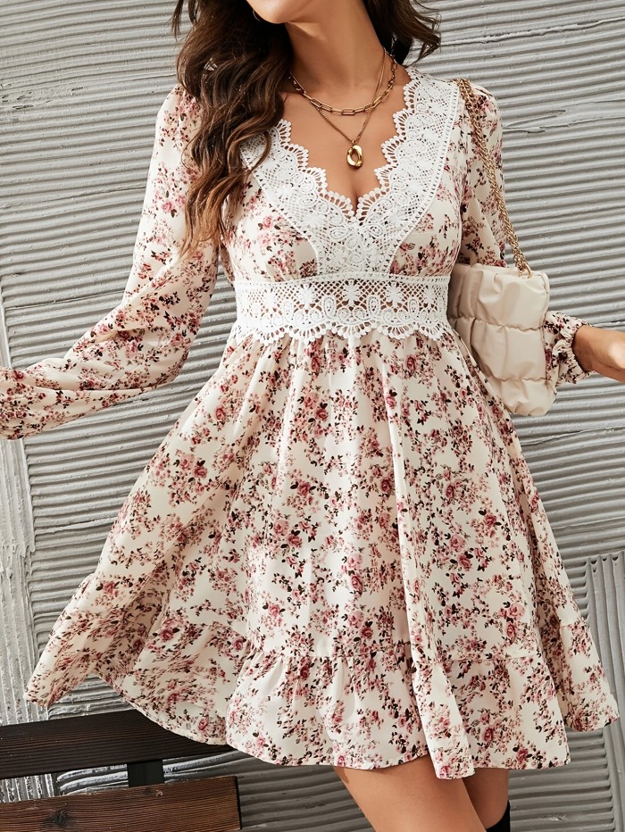 Elegant Long Sleeve Lace Trim V-neck A-line Floral Print Dress - Women's Clothing for Spring & Fall