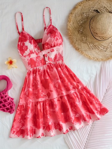 Elegant Floral A-Line Dress with Spaghetti Straps and V-Neck, Backless Design - Machine Washable Polyester Blend, Perfect for All Seasons, Spaghetti Suspender Dress