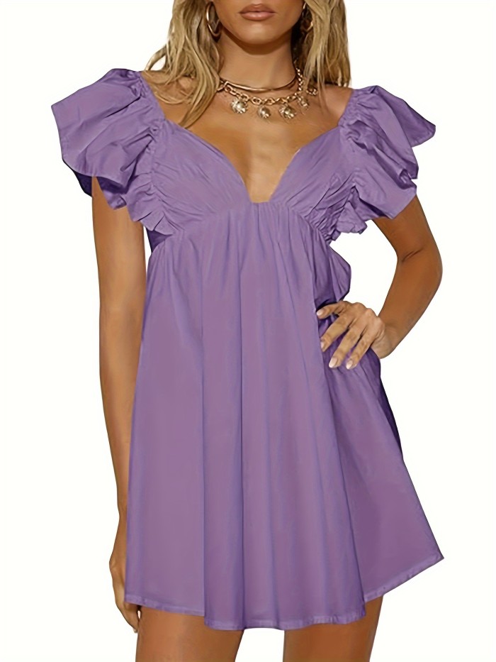 Women's Summer Deep V Neck Dresses A Line Pleated Short Sleeve Backless Beach Dress