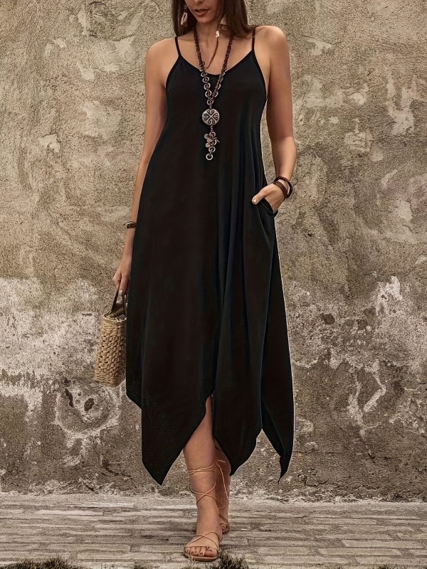 Vibrant Solid Color Asymmetrical Hem Slant Pocket Cami Dress - Chic Sleeveless Dresses for Spring & Summer - Women's Fashion Clothing with Flattering Silhouette