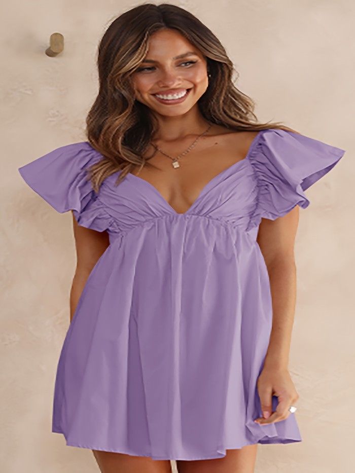 Women's Summer Deep V Neck Dresses A Line Pleated Short Sleeve Backless Beach Dress