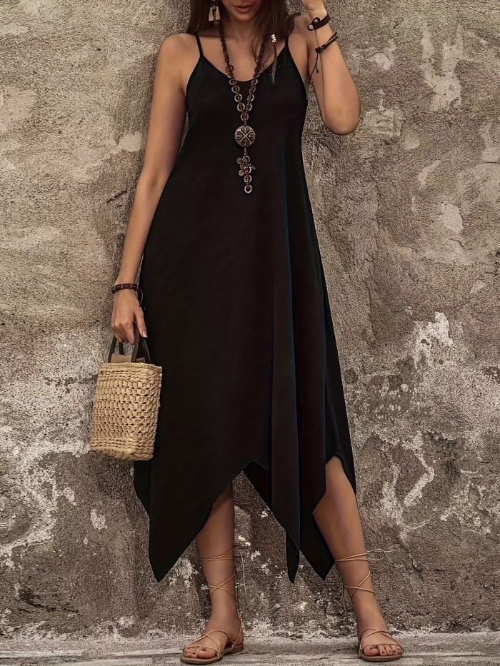 Vibrant Solid Color Asymmetrical Hem Slant Pocket Cami Dress - Chic Sleeveless Dresses for Spring & Summer - Women's Fashion Clothing with Flattering Silhouette