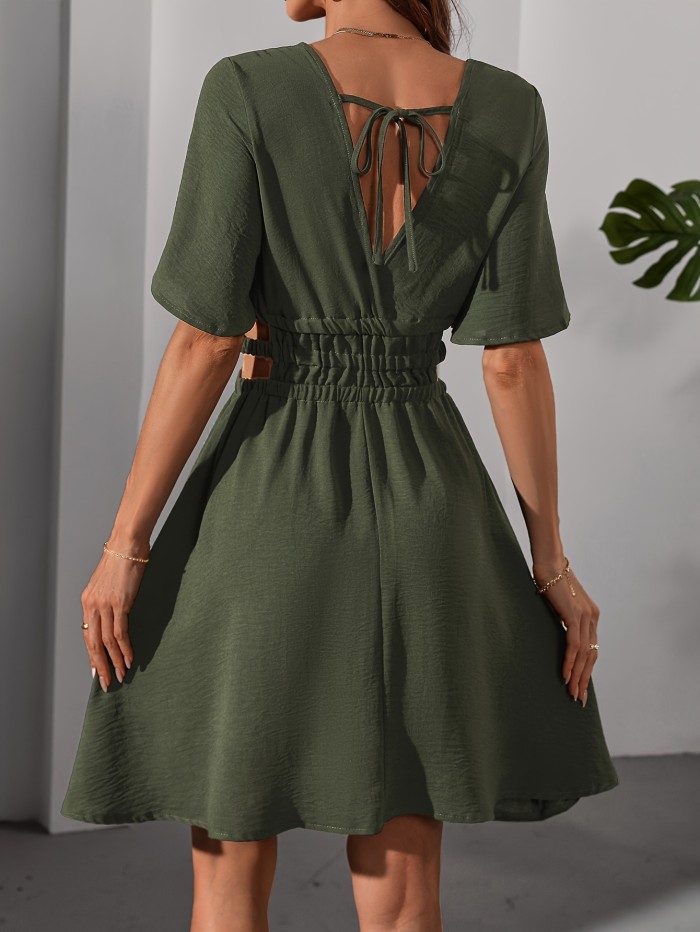 2025 Spring\u002FSummer New Collection, Elegant Vacation Style Women'S V-Neck Dress, Short-Sleeve Fitted Military-Style Short Dress.
