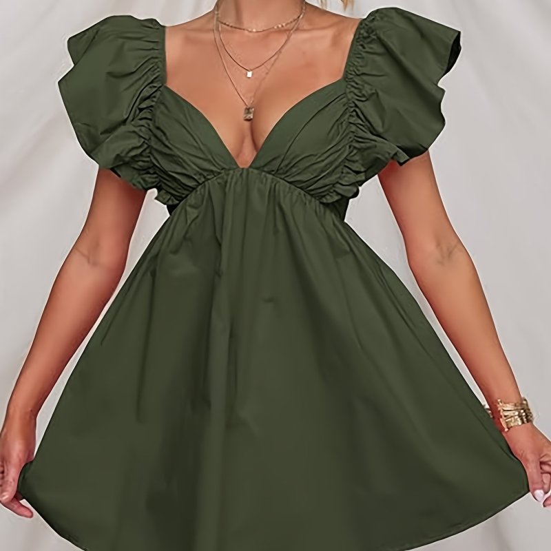 Women's Summer Deep V Neck Dresses A Line Pleated Short Sleeve Backless Beach Dress