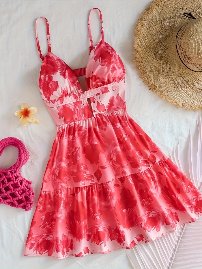 Elegant Floral A-Line Dress with Spaghetti Straps and V-Neck, Backless Design - Machine Washable Polyester Blend, Perfect for All Seasons, Spaghetti Suspender Dress