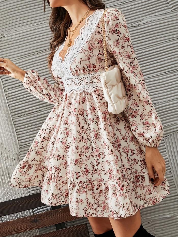 Elegant Long Sleeve Lace Trim V-neck A-line Floral Print Dress - Women's Clothing for Spring & Fall