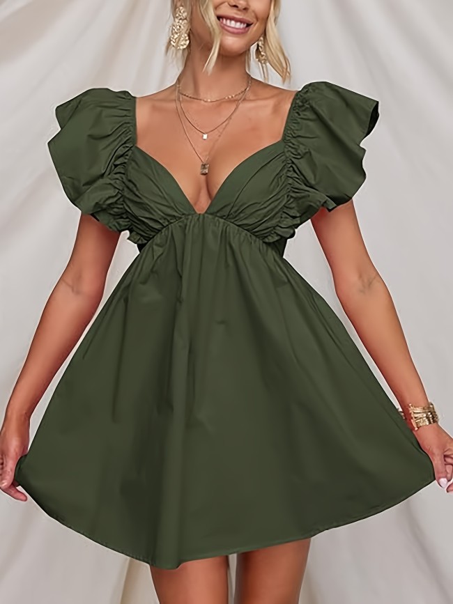 Women's Summer Deep V Neck Dresses A Line Pleated Short Sleeve Backless Beach Dress