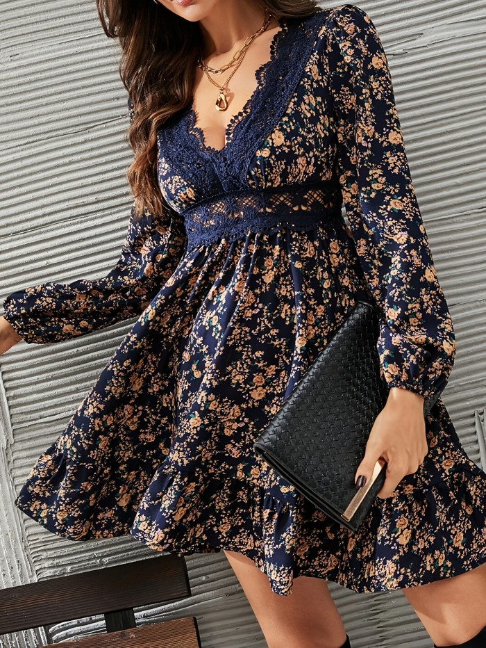 Elegant Long Sleeve Lace Trim V-neck A-line Floral Print Dress - Women's Clothing for Spring & Fall
