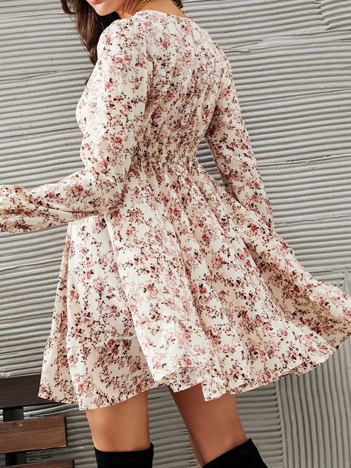 Elegant Long Sleeve Lace Trim V-neck A-line Floral Print Dress - Women's Clothing for Spring & Fall