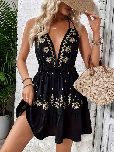 Print Halter Neck Dress Floral Print Halter Neck Dress, Elegant Ruffle Hem Backless Halter Dress For Spring & Summer, Women's Clothing