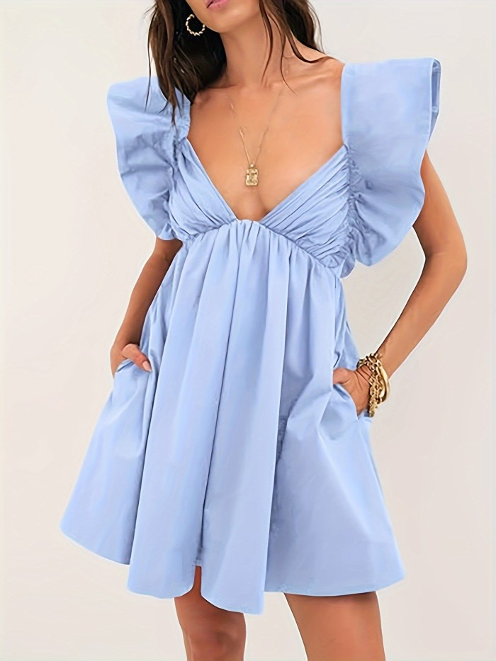 Women's Summer Deep V Neck Dresses A Line Pleated Short Sleeve Backless Beach Dress