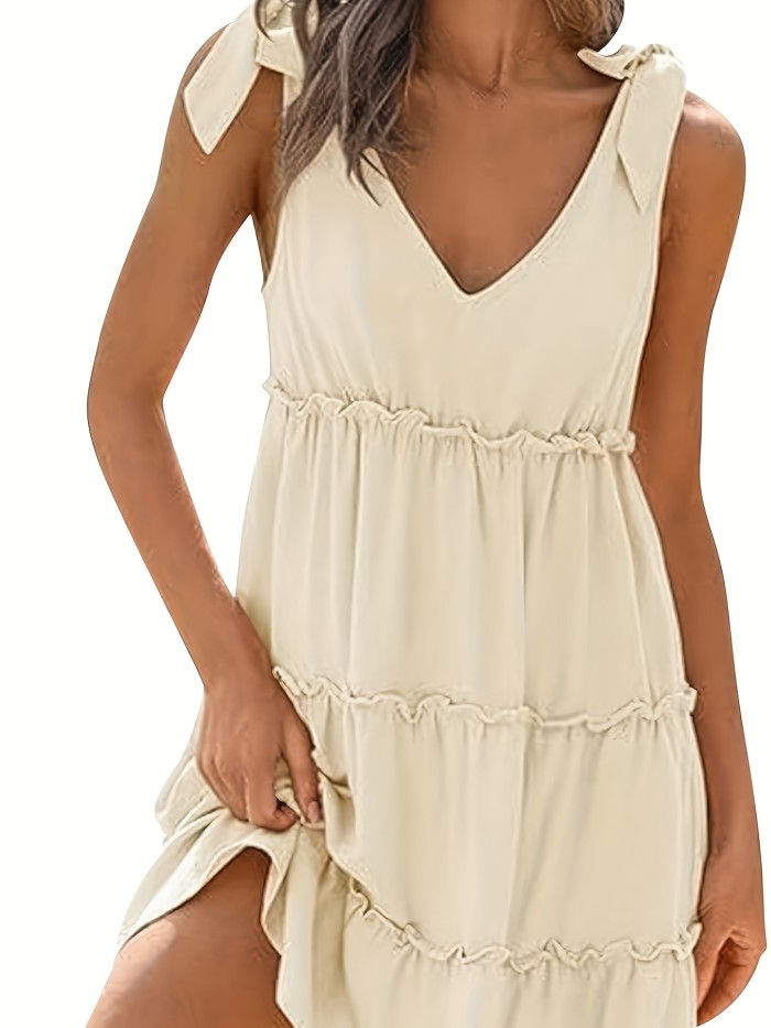 Women's Fashion Summer Hot Sale Sleeveless Front and Back V-Neck Solid Color Bow Lace Edge Backless Dress