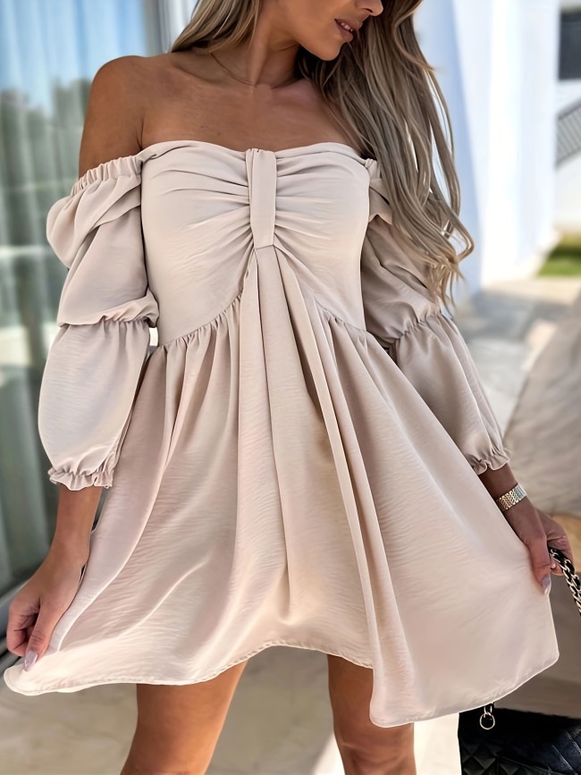 Summer Solid Off Shoulder Dress Off Shoulder Dress, Solid Casual Dress For Summer & Spring, Women's Clothing