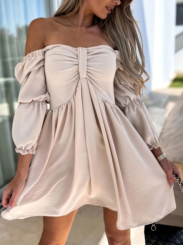 Summer Solid Off Shoulder Dress Off Shoulder Dress, Solid Casual Dress For Summer & Spring, Women's Clothing
