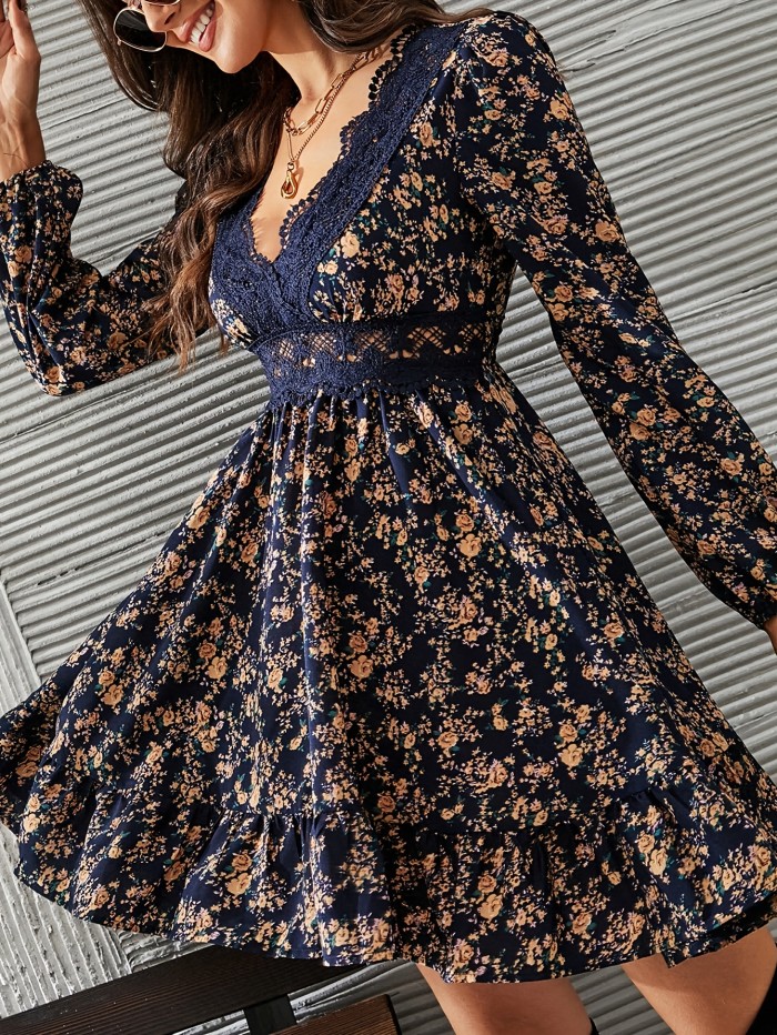 Elegant Long Sleeve Lace Trim V-neck A-line Floral Print Dress - Women's Clothing for Spring & Fall