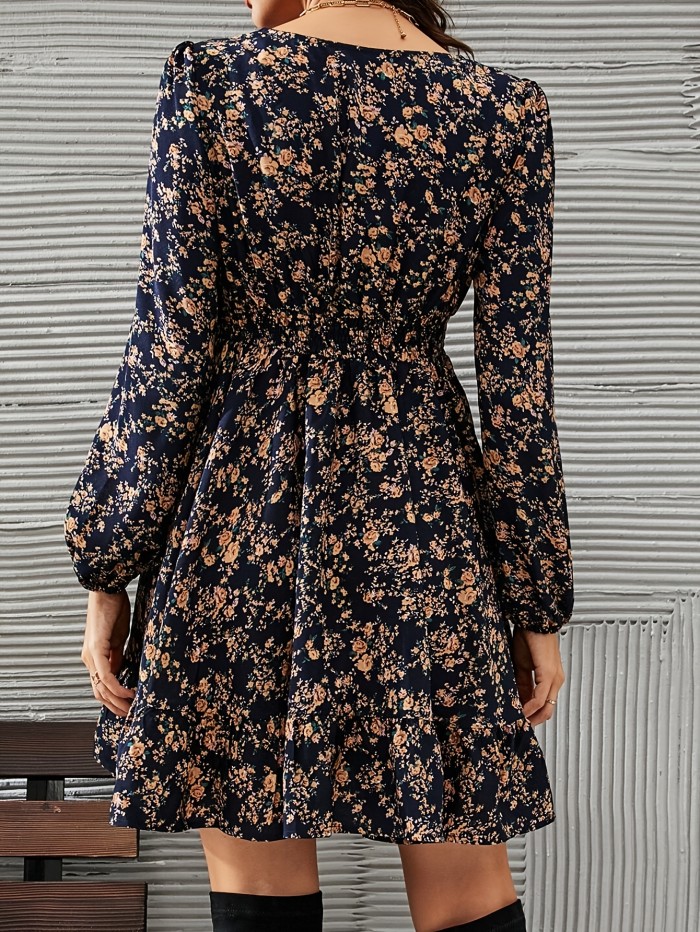 Elegant Long Sleeve Lace Trim V-neck A-line Floral Print Dress - Women's Clothing for Spring & Fall