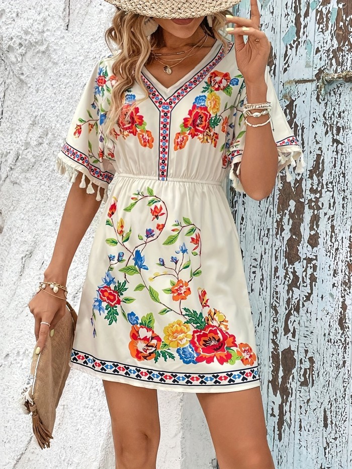 Elegant Short Sleeve V Neck Dress - Tassel Floral Print Dress for Spring & Summer, Women's Clothing