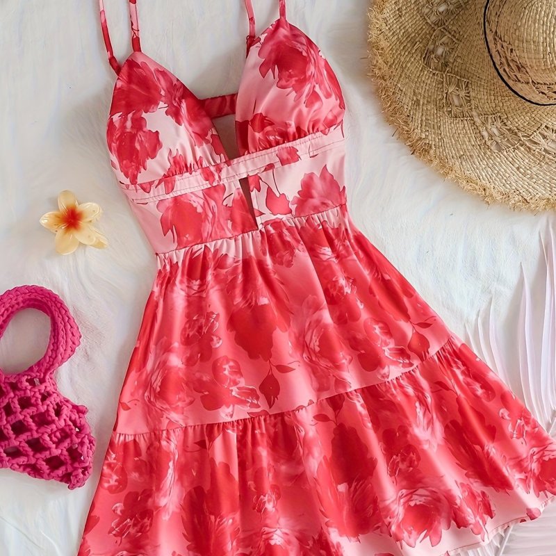 Elegant Floral A-Line Dress with Spaghetti Straps and V-Neck, Backless Design - Machine Washable Polyester Blend, Perfect for All Seasons, Spaghetti Suspender Dress
