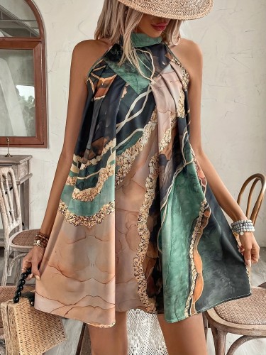 Sleeveless Summer Dress with Bow Geometric Pattern Halter Top Dress with Bow Detail, Woven Polyester Summer Sleeveless Dress for Adults