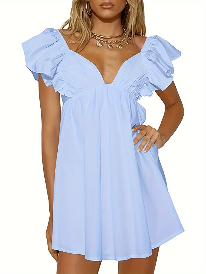 Women's Summer Deep V Neck Dresses A Line Pleated Short Sleeve Backless Beach Dress