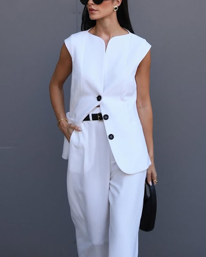 Fashion Commuter Solid Color Top & Pants Two-Piece Set