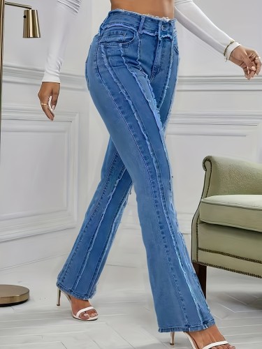 Elegant Style Women's High-Waist Stretch Denim Flare Jeans - Blue Loose Straight-Leg with Raw Hem, Casual Washed Wide-Leg Pants for Spring\u002FSummer