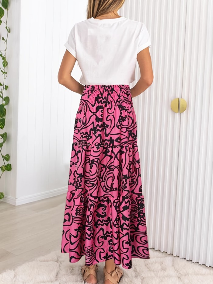 Long Tropical Print Boho High Waist Maxi Skirt - Flared Hem, Regular Fit, Woven Polyester, Machine Washable - Perfect for Spring, Summer, and Fall Seasons