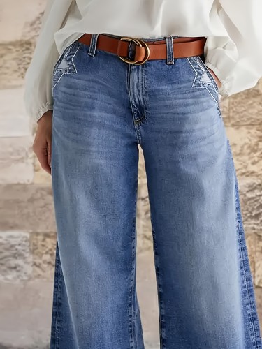 Women'S High-Waisted Wide Leg Jeans, Elegant Solid Color, Rayon Blend (65% Rayon, 33% Polyester, 2% Elastane), Medium Stretch, Button Fly, Zipper Detail, Straight Leg, All-Season, Loose Fit, Long Length - Blue Wash