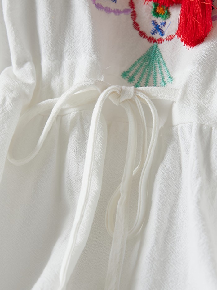 Bohemian Beach Vacation Dress for Women - Embroidered Floral Midi with Lantern Sleeves, Round Neck, and Ruffle Hem, Loose Fit Ethnic Style Dress, Beach Dress