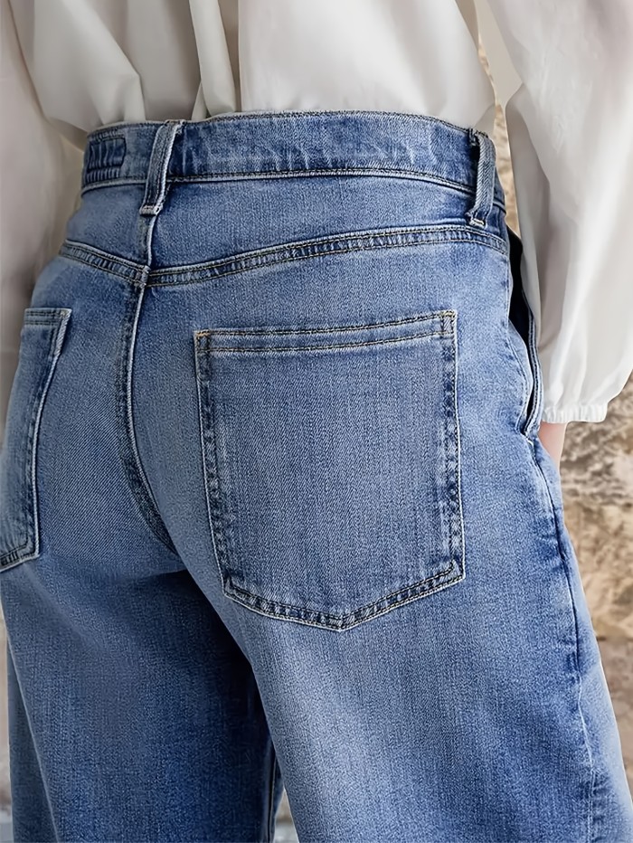 Women'S High-Waisted Wide Leg Jeans, Elegant Solid Color, Rayon Blend (65% Rayon, 33% Polyester, 2% Elastane), Medium Stretch, Button Fly, Zipper Detail, Straight Leg, All-Season, Loose Fit, Long Length - Blue Wash