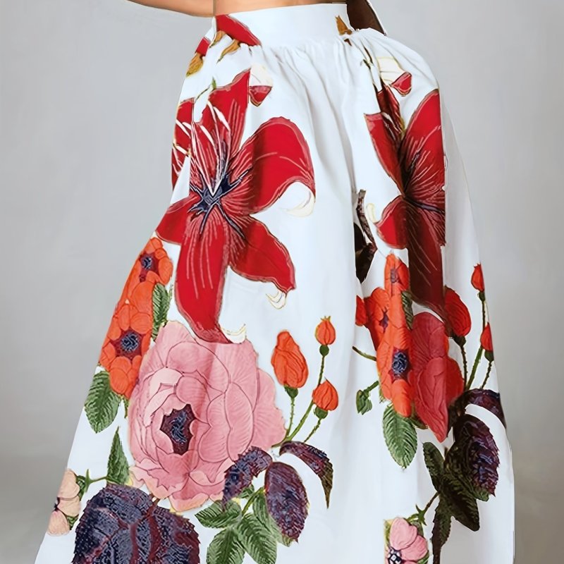 Women's Bohemian Floral Print High-Waist Maxi Skirt - Vibrant Multi-Color Flowers, Flowy A-Line Silhouette, Ideal for Parties and Beach Holidays, Party Wear Skirt|Flowy Maxi Skirt|Elastic Waistband