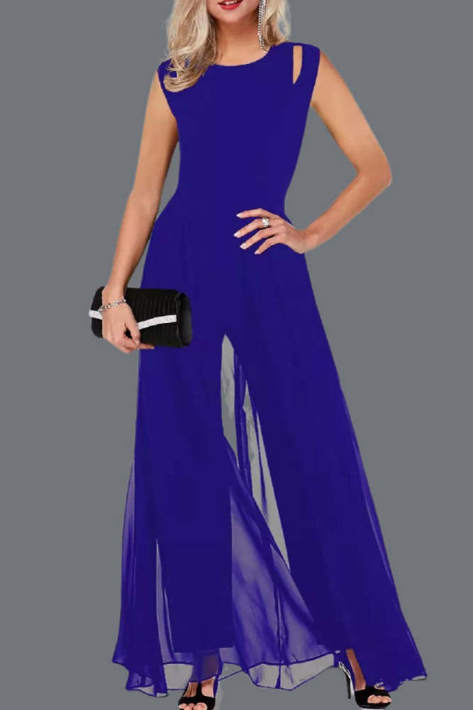 Casual Solid Patchwork O Neck Regular Jumpsuits