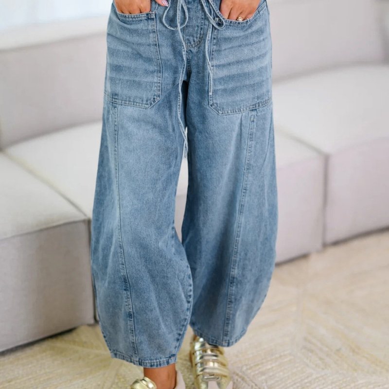 Women Jeans, Elastic Waist Tie-up Solid Loose Trousers Streetwear with Pockets for Daily