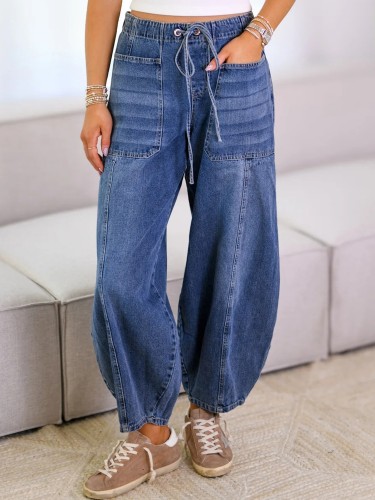 Women Jeans, Elastic Waist Tie-up Solid Loose Trousers Streetwear with Pockets for Daily