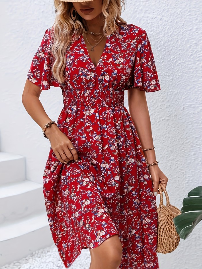 Floral Print Flutter Sleeve Dress, Boho V Neck Slim Waist Dress - Women's Clothing -  Bohemian Style - For Women - Perfect for Summer Parties & Casual Outings - Great Gift for Fashionable Women