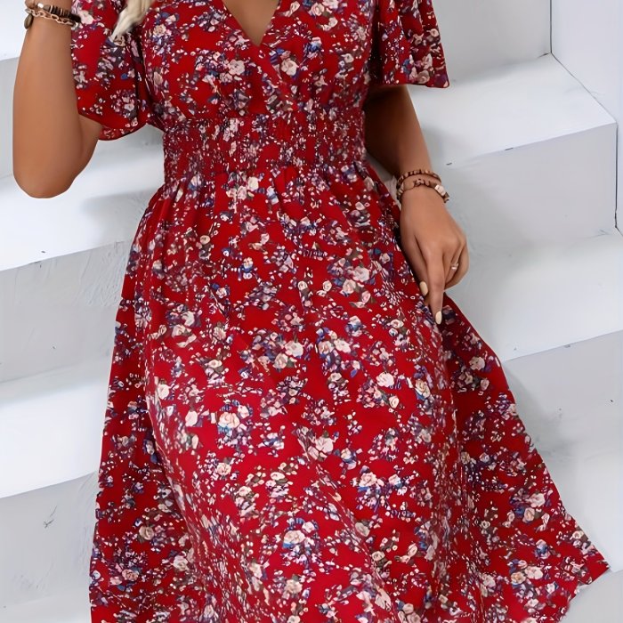 Floral Print Flutter Sleeve Dress, Boho V Neck Slim Waist Dress - Women's Clothing -  Bohemian Style - For Women - Perfect for Summer Parties & Casual Outings - Great Gift for Fashionable Women