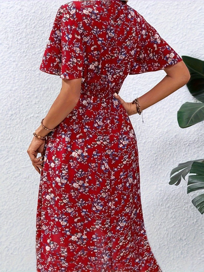 Floral Print Flutter Sleeve Dress, Boho V Neck Slim Waist Dress - Women's Clothing -  Bohemian Style - For Women - Perfect for Summer Parties & Casual Outings - Great Gift for Fashionable Women
