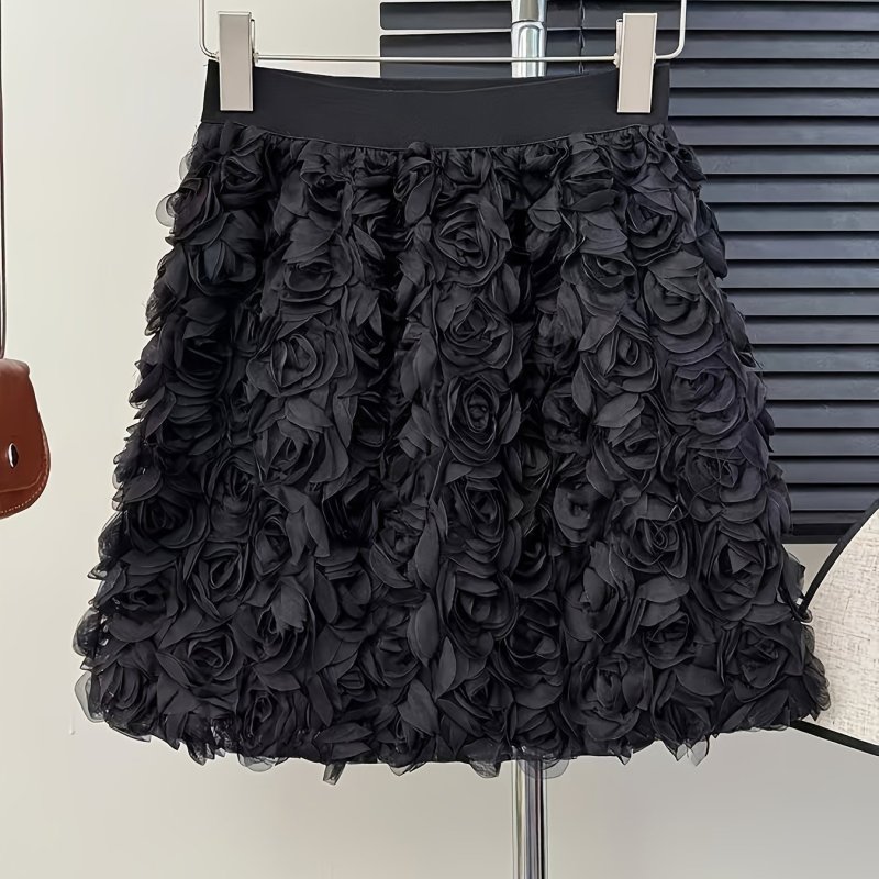 1pc Lightweight Rose Mini Skirt 1pc Women'S Cute 3D Rose Pattern Polyester Tulle Mini Skirt, Elastic Waist A-Line Short, Lightweight 150g\u002Fm² Fabric, with Embroidery Detail, for Spring\u002FSummer Fashion, Umbrella Hem
