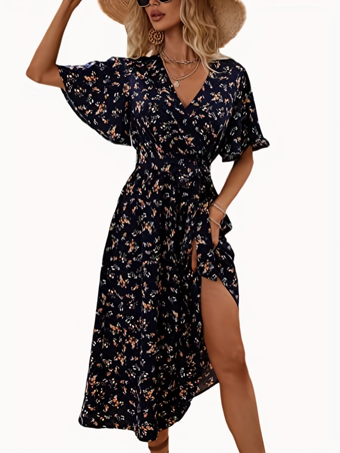 Floral Print Flutter Sleeve Dress, Boho V Neck Slim Waist Dress - Women's Clothing -  Bohemian Style - For Women - Perfect for Summer Parties & Casual Outings - Great Gift for Fashionable Women