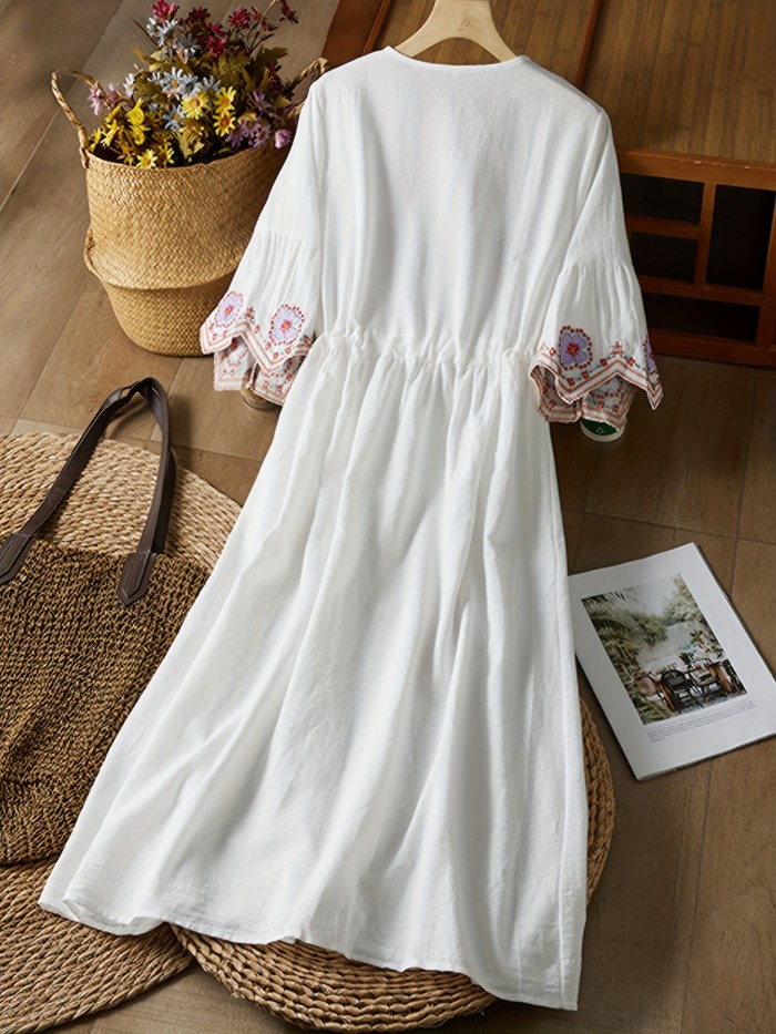 Bohemian Beach Vacation Dress for Women - Embroidered Floral Midi with Lantern Sleeves, Round Neck, and Ruffle Hem, Loose Fit Ethnic Style Dress, Beach Dress