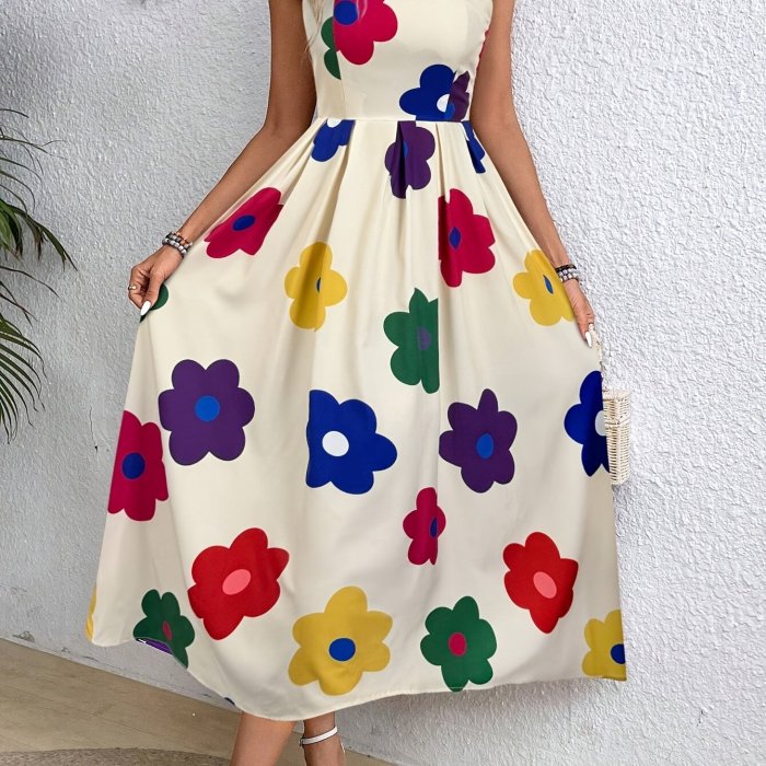1pc Elegant Floral Print Midi Dress for Women - 100% Polyester, Strapless, Sleeveless, A-Line, Vibrant Flower Pattern for All-Season Wear