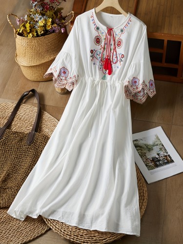 Bohemian Beach Vacation Dress for Women - Embroidered Floral Midi with Lantern Sleeves, Round Neck, and Ruffle Hem, Loose Fit Ethnic Style Dress, Beach Dress