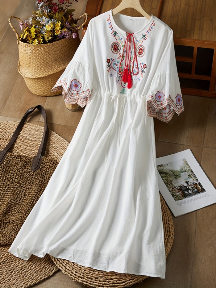 Bohemian Beach Vacation Dress for Women - Embroidered Floral Midi with Lantern Sleeves, Round Neck, and Ruffle Hem, Loose Fit Ethnic Style Dress, Beach Dress
