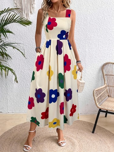 1pc Elegant Floral Print Midi Dress for Women - 100% Polyester, Strapless, Sleeveless, A-Line, Vibrant Flower Pattern for All-Season Wear