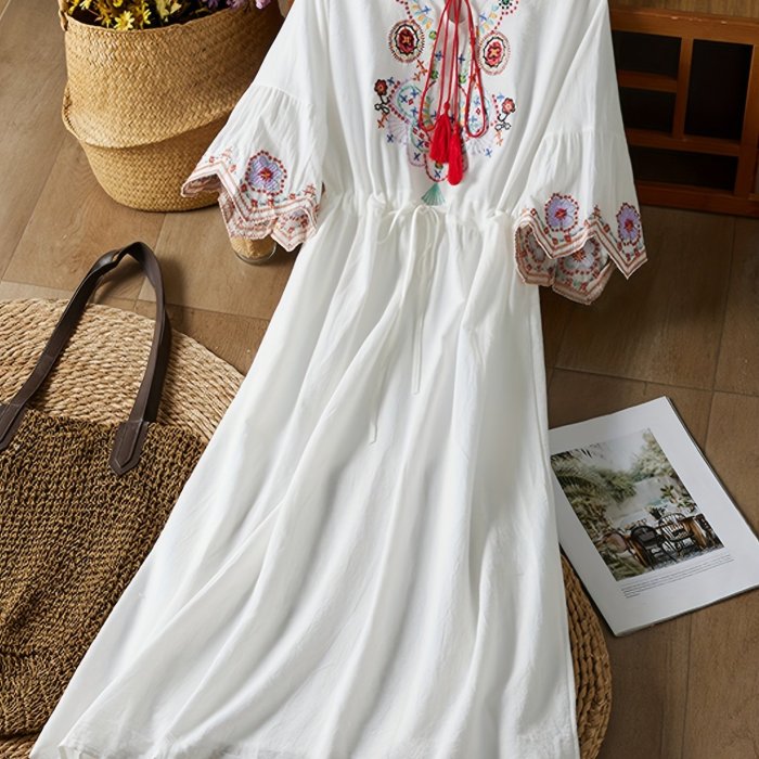 Bohemian Beach Vacation Dress for Women - Embroidered Floral Midi with Lantern Sleeves, Round Neck, and Ruffle Hem, Loose Fit Ethnic Style Dress, Beach Dress