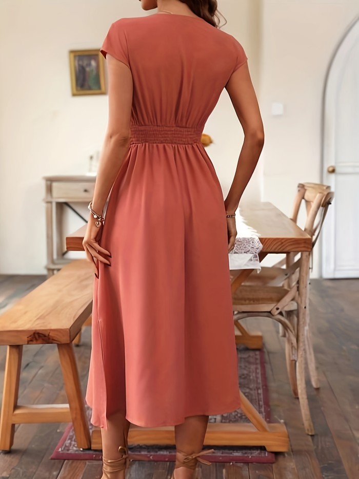 Elegant Midi Tucked Solid V Neck Button Front Dress for Women