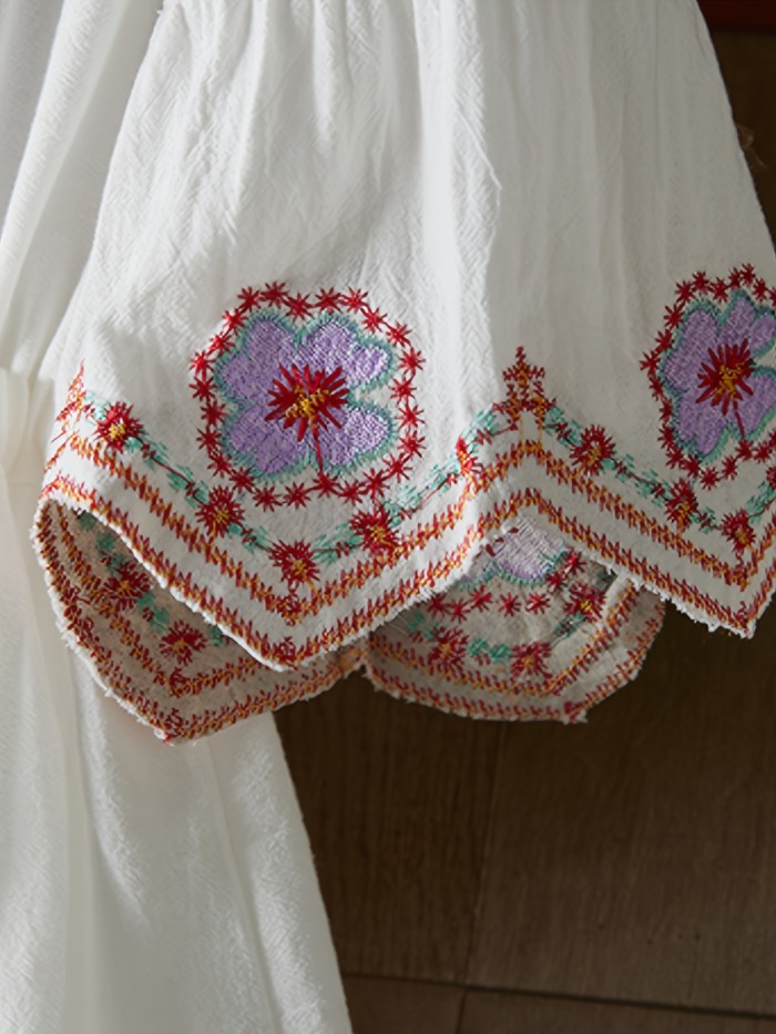 Bohemian Beach Vacation Dress for Women - Embroidered Floral Midi with Lantern Sleeves, Round Neck, and Ruffle Hem, Loose Fit Ethnic Style Dress, Beach Dress