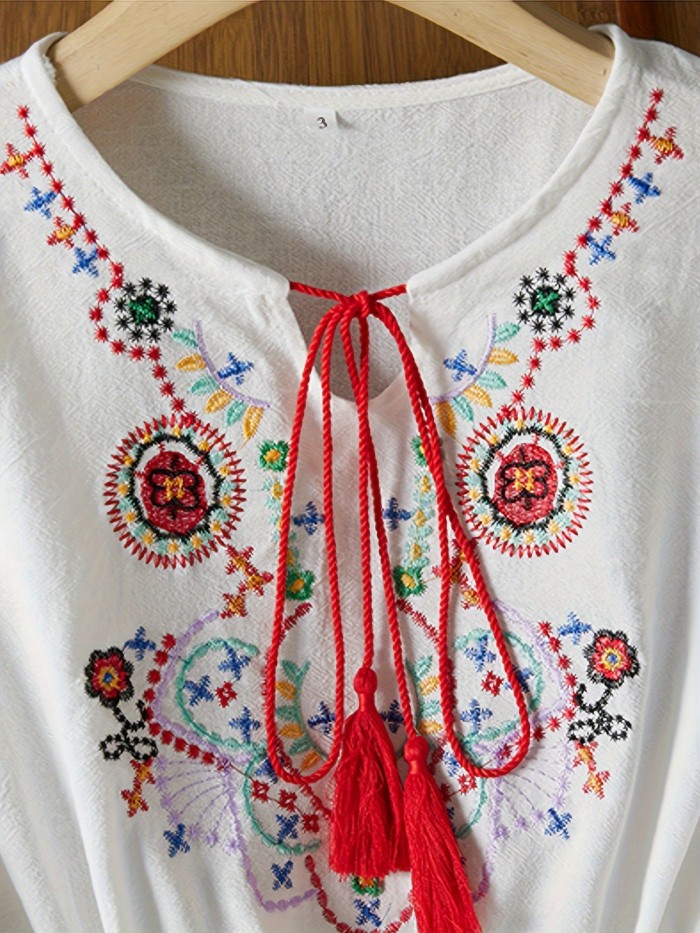 Bohemian Beach Vacation Dress for Women - Embroidered Floral Midi with Lantern Sleeves, Round Neck, and Ruffle Hem, Loose Fit Ethnic Style Dress, Beach Dress